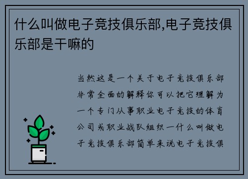 什么叫做电子竞技俱乐部,电子竞技俱乐部是干嘛的