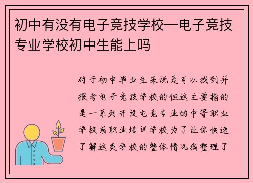 初中有没有电子竞技学校—电子竞技专业学校初中生能上吗